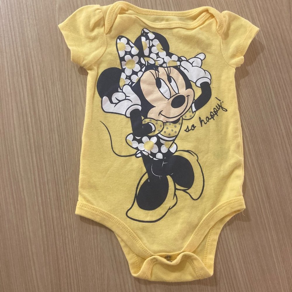 Disney Baby Minnie Mouse Yellow Bodysuit 12 Months Short Sleeve So Happy Graphic